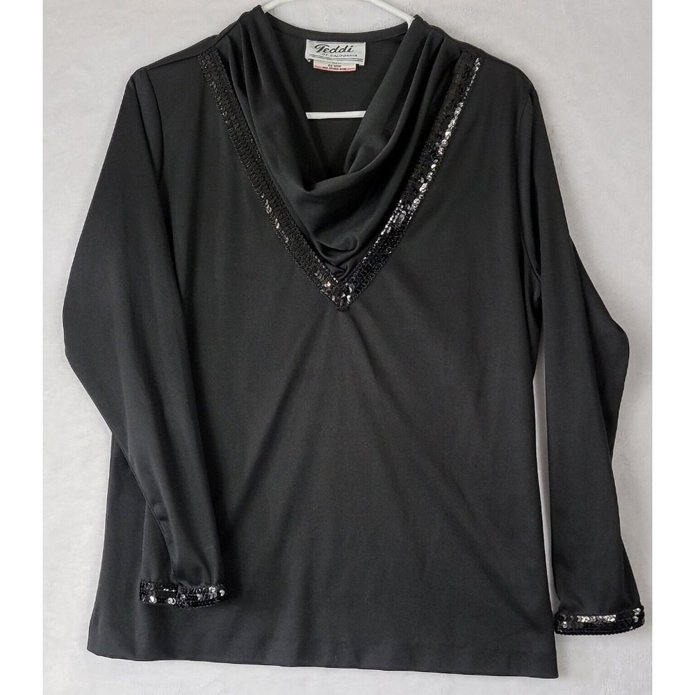 VTG Teddi of California Women's Sequin Trim Black Cowl Neck Blouse Size 14 Top